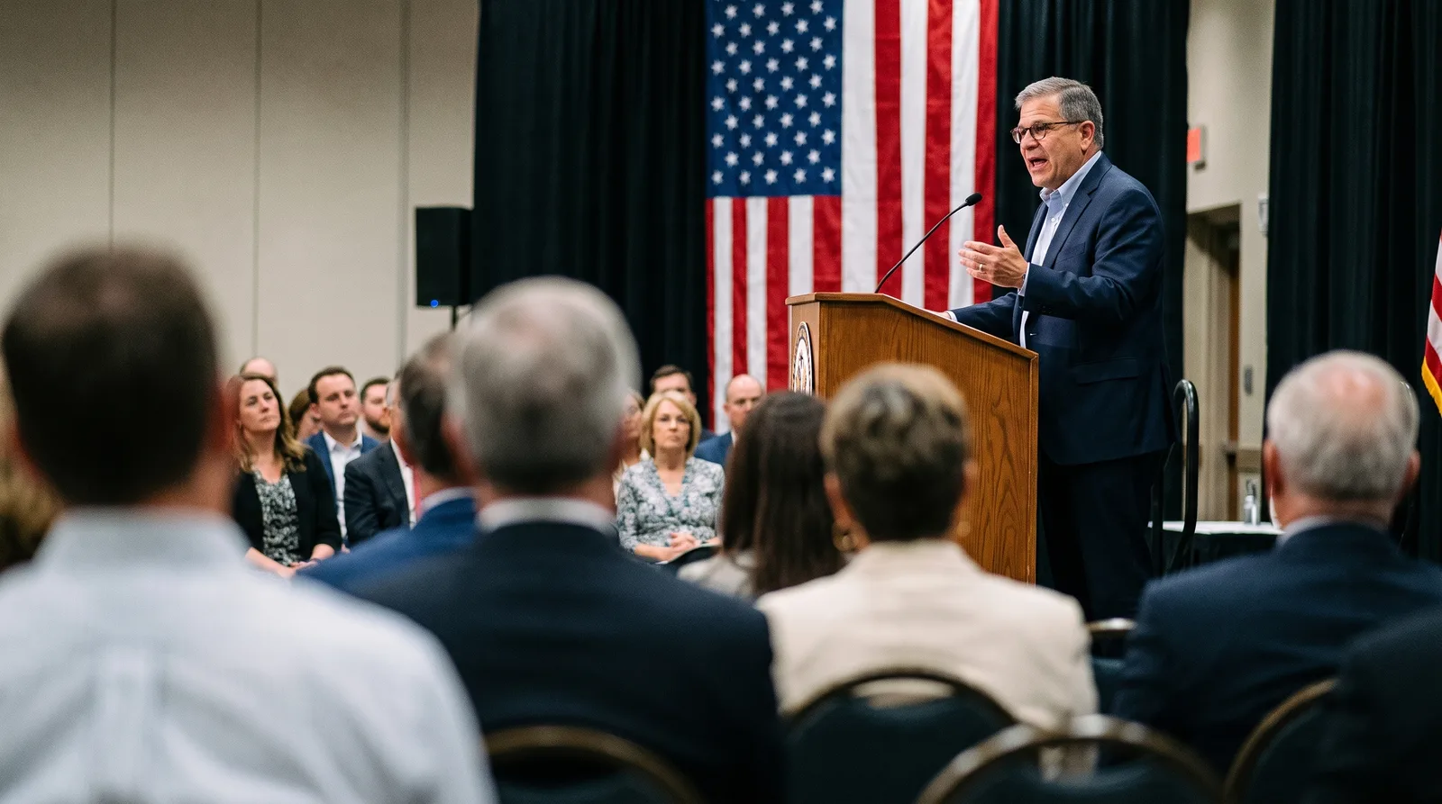 Dennis R. Schrader addressing an audience from a podium